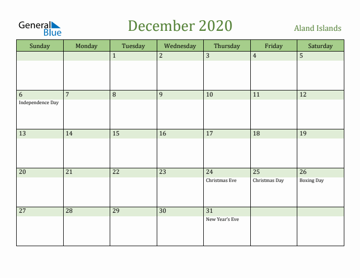 December 2020 Calendar with Aland Islands Holidays