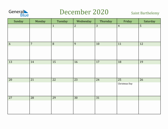 December 2020 Calendar with Saint Barthelemy Holidays