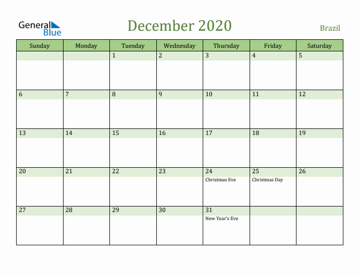 December 2020 Calendar with Brazil Holidays