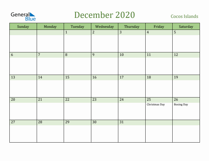 December 2020 Calendar with Cocos Islands Holidays