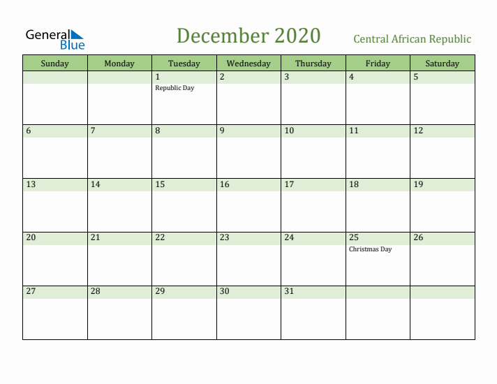 December 2020 Calendar with Central African Republic Holidays