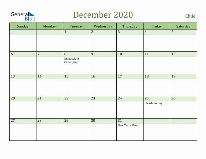 December 2020 Calendar with Chile Holidays