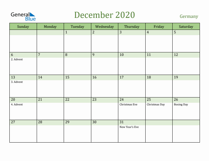 December 2020 Calendar with Germany Holidays