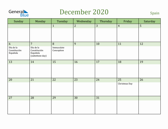 December 2020 Calendar with Spain Holidays