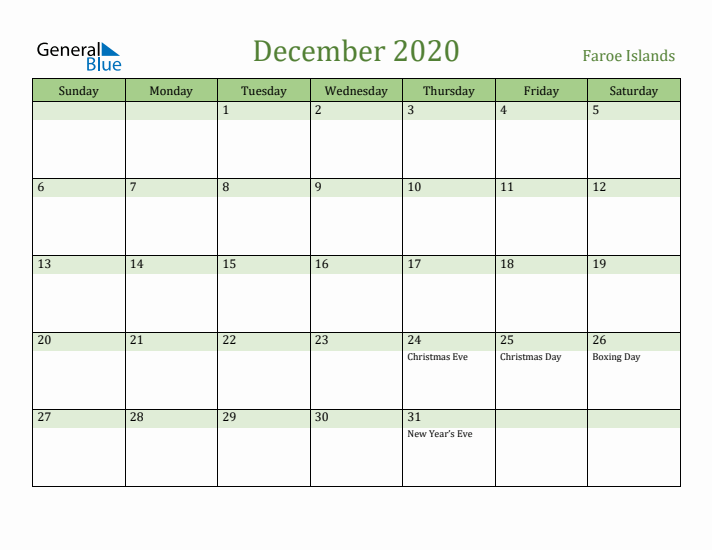 December 2020 Calendar with Faroe Islands Holidays