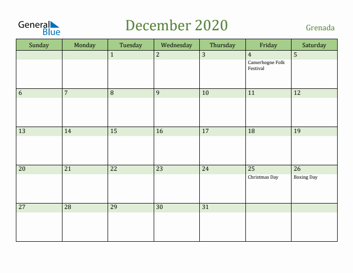 December 2020 Calendar with Grenada Holidays