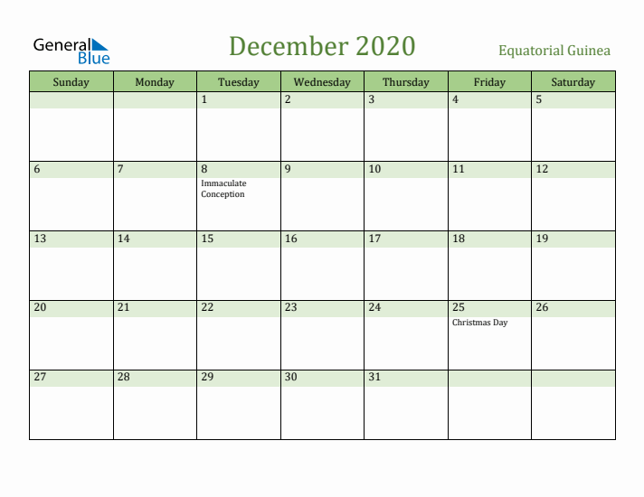 December 2020 Calendar with Equatorial Guinea Holidays
