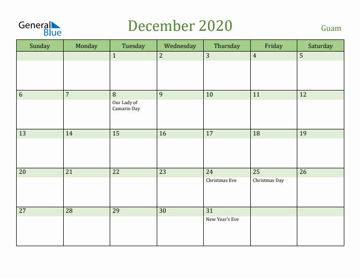 December 2020 Calendar with Guam Holidays