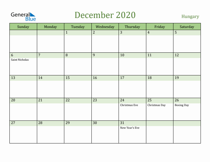 December 2020 Calendar with Hungary Holidays