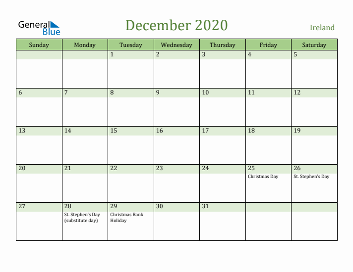 December 2020 Calendar with Ireland Holidays