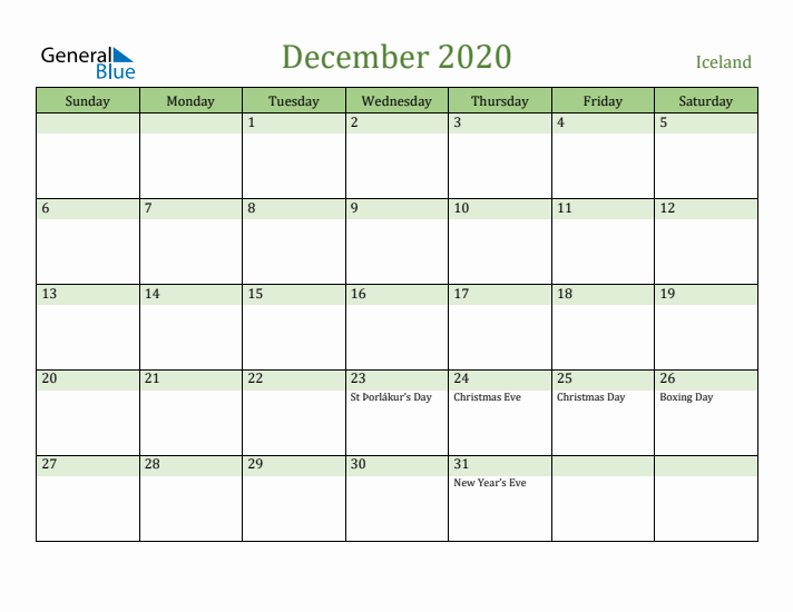 December 2020 Calendar with Iceland Holidays