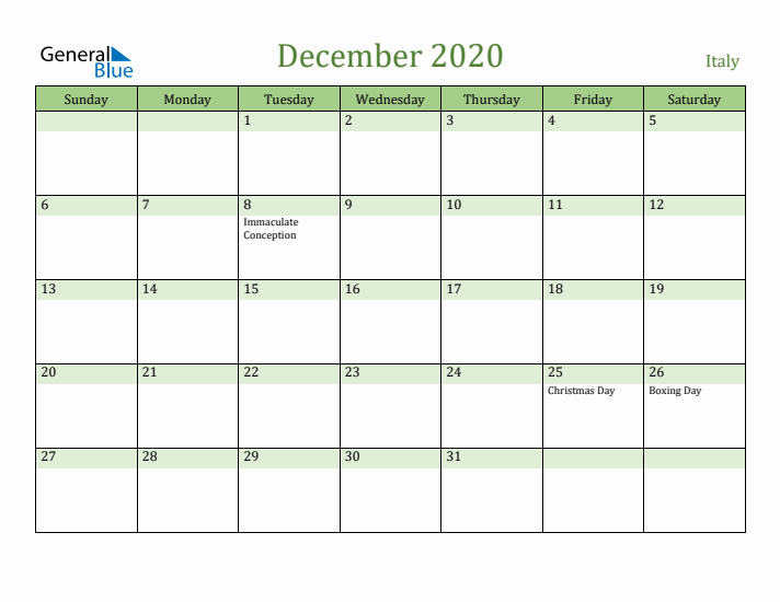 December 2020 Calendar with Italy Holidays