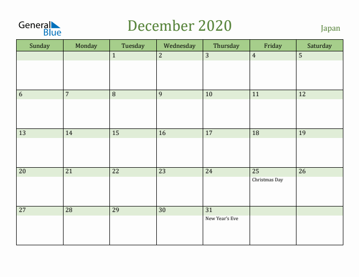 December 2020 Calendar with Japan Holidays