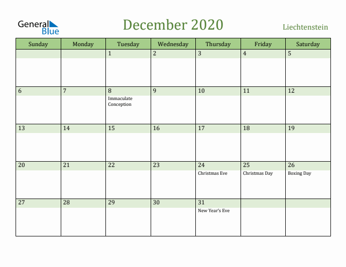 December 2020 Calendar with Liechtenstein Holidays