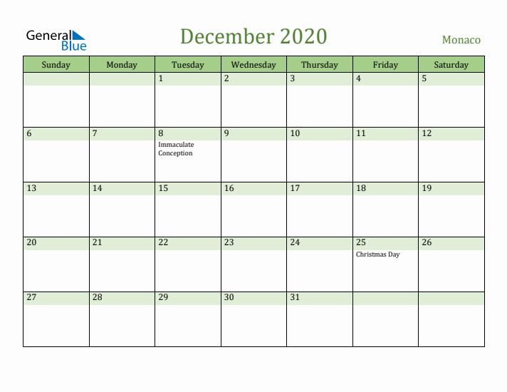 December 2020 Calendar with Monaco Holidays