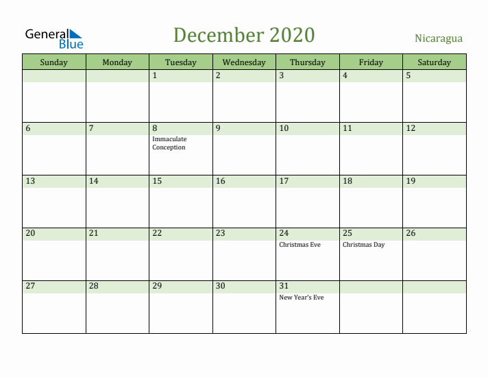 December 2020 Calendar with Nicaragua Holidays