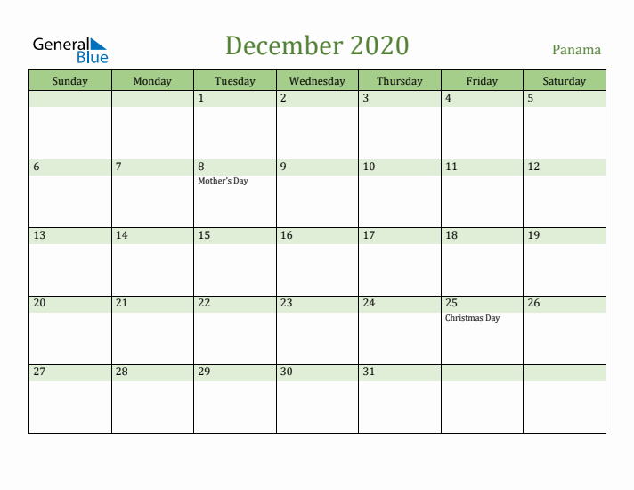 December 2020 Calendar with Panama Holidays