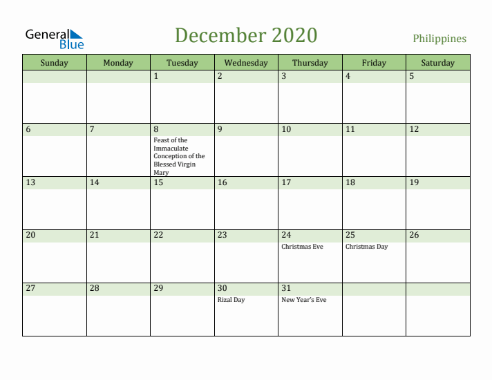 December 2020 Calendar with Philippines Holidays