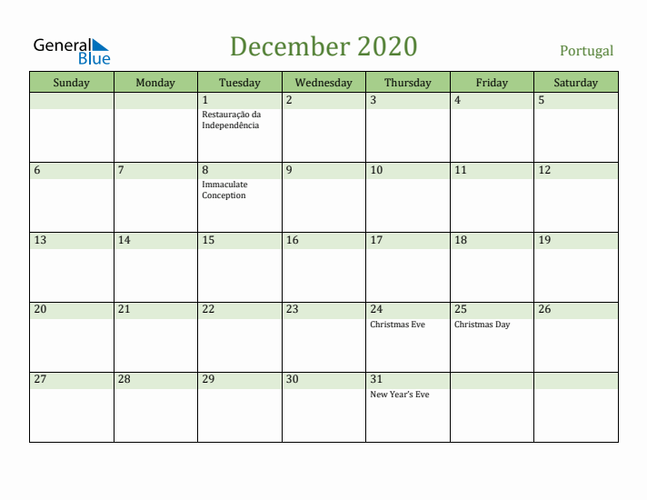 December 2020 Calendar with Portugal Holidays
