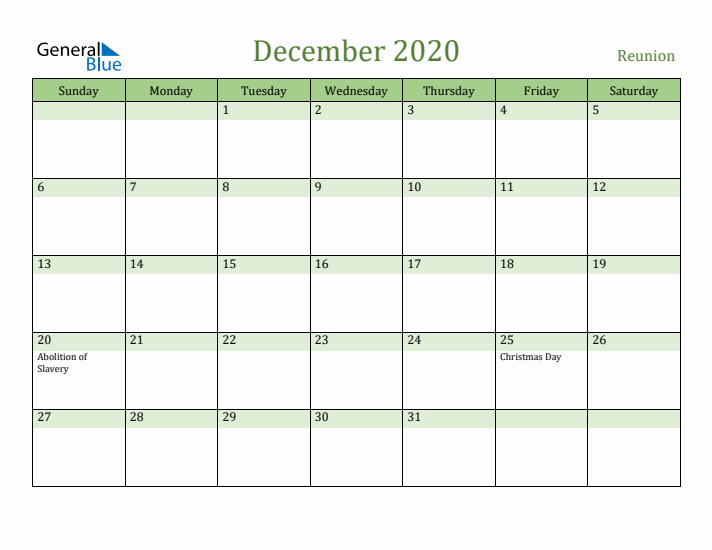 December 2020 Calendar with Reunion Holidays