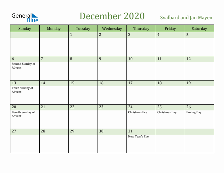 December 2020 Calendar with Svalbard and Jan Mayen Holidays