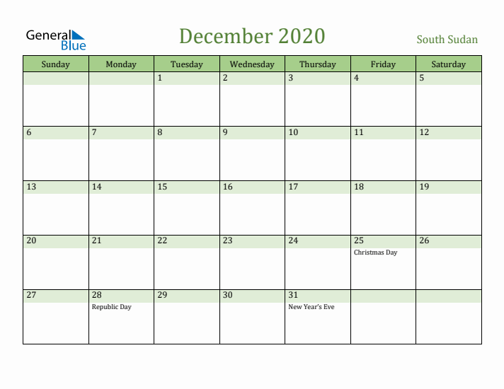 December 2020 Calendar with South Sudan Holidays