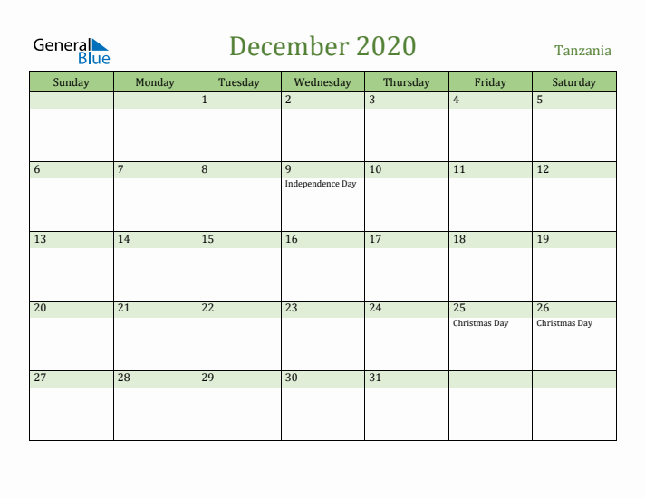 December 2020 Calendar with Tanzania Holidays