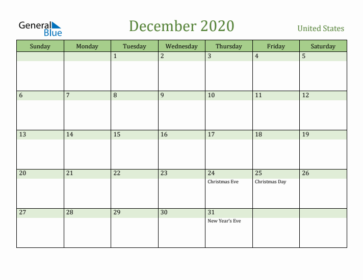 December 2020 Calendar with United States Holidays