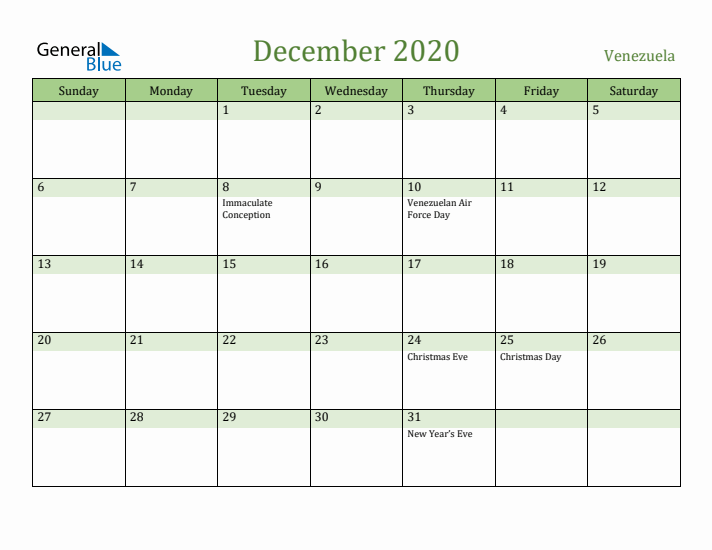 December 2020 Calendar with Venezuela Holidays