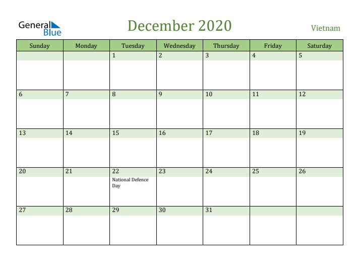December 2020 Calendar with Vietnam Holidays