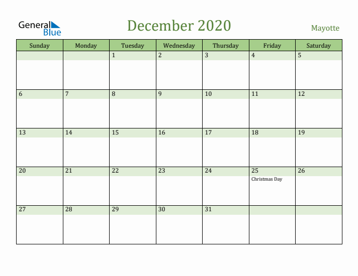 December 2020 Calendar with Mayotte Holidays