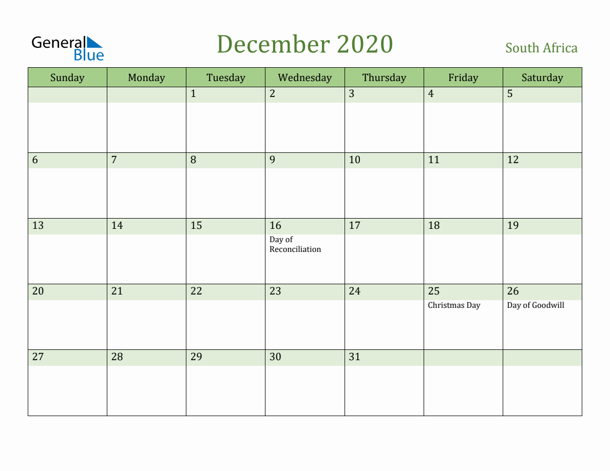 Fillable Holiday Calendar for South Africa - December 2020