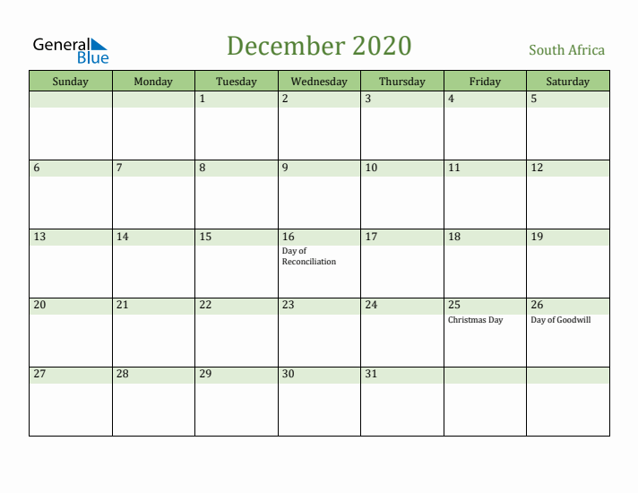 December 2020 Calendar with South Africa Holidays