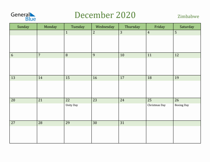 December 2020 Calendar with Zimbabwe Holidays