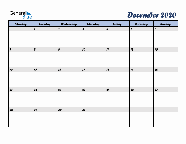 December 2020 Blue Calendar (Monday Start)