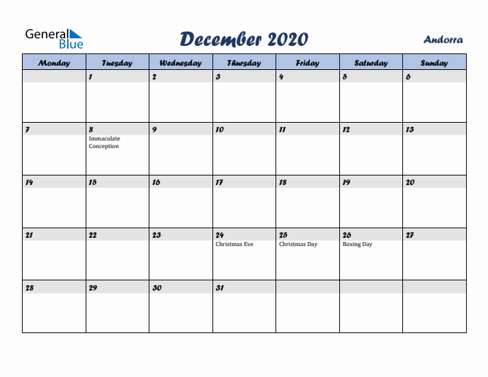 December 2020 Calendar with Holidays in Andorra