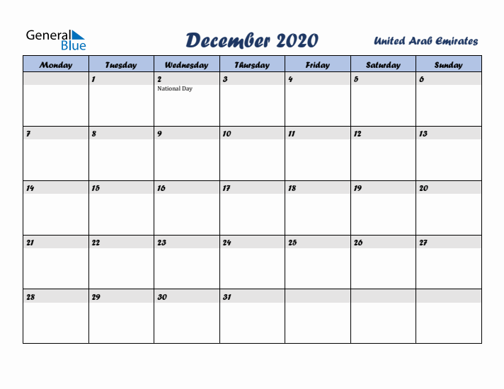 December 2020 Calendar with Holidays in United Arab Emirates