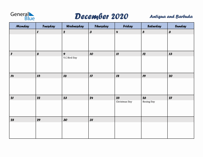 December 2020 Calendar with Holidays in Antigua and Barbuda