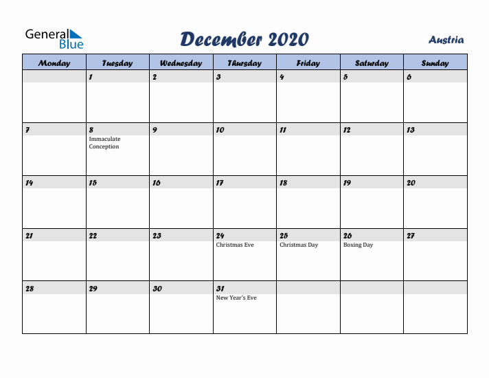 December 2020 Calendar with Holidays in Austria