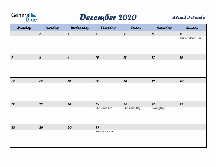 December 2020 Calendar with Holidays in Aland Islands