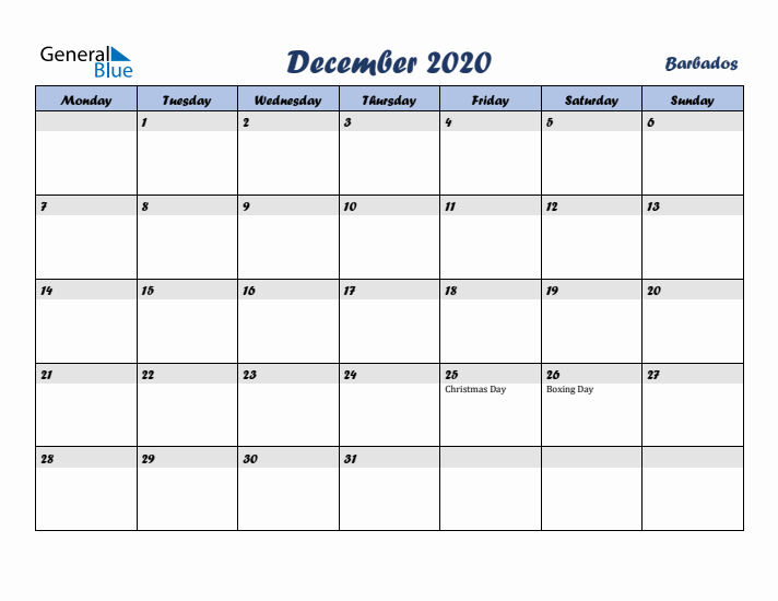 December 2020 Calendar with Holidays in Barbados