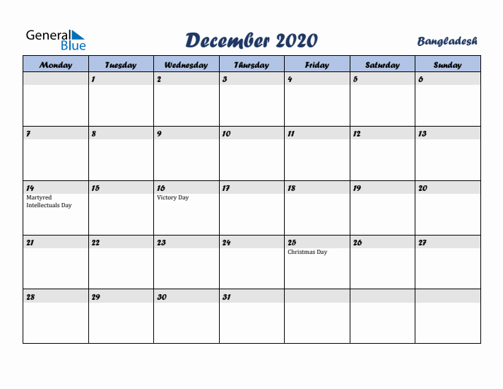 December 2020 Calendar with Holidays in Bangladesh