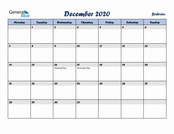 December 2020 Calendar with Holidays in Bahrain