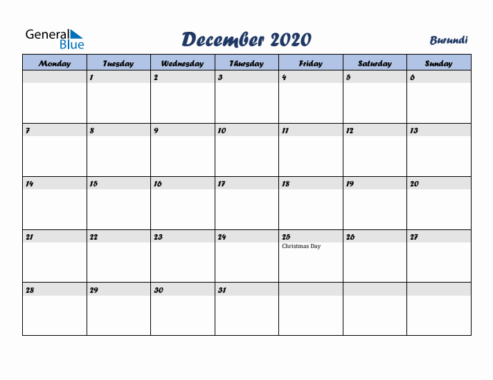December 2020 Calendar with Holidays in Burundi