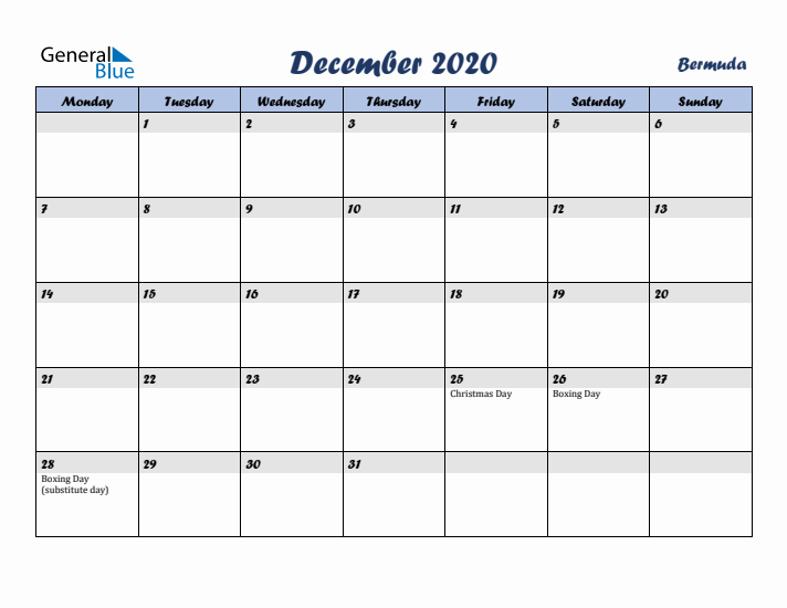 December 2020 Calendar with Holidays in Bermuda