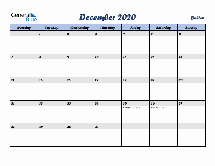 December 2020 Calendar with Holidays in Belize