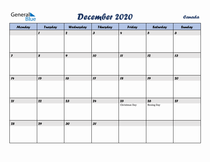 December 2020 Calendar with Holidays in Canada