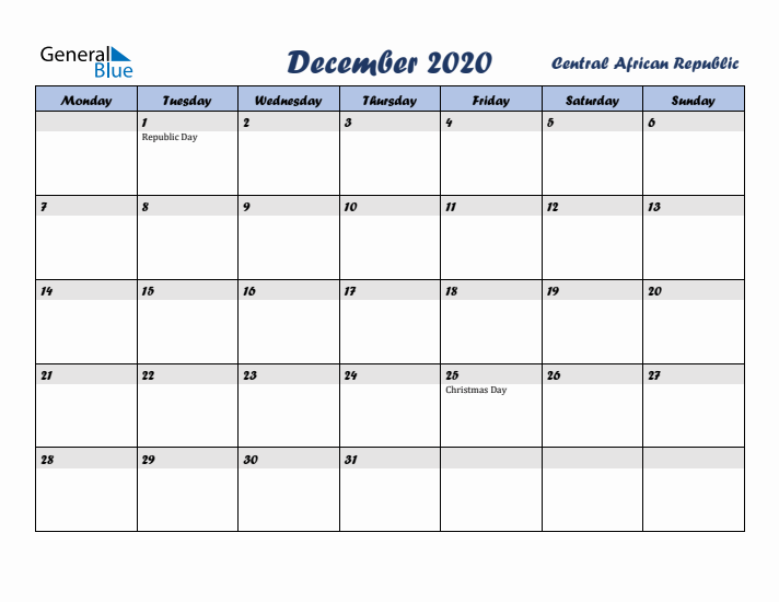 December 2020 Calendar with Holidays in Central African Republic