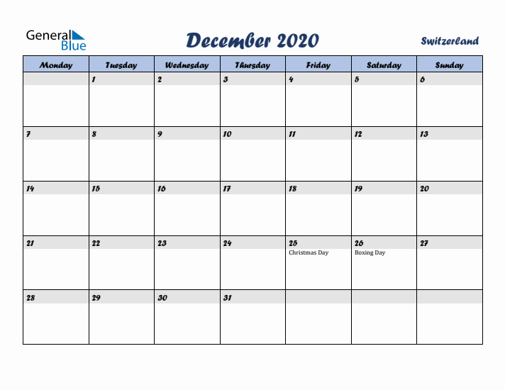 December 2020 Calendar with Holidays in Switzerland