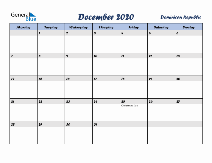 December 2020 Calendar with Holidays in Dominican Republic